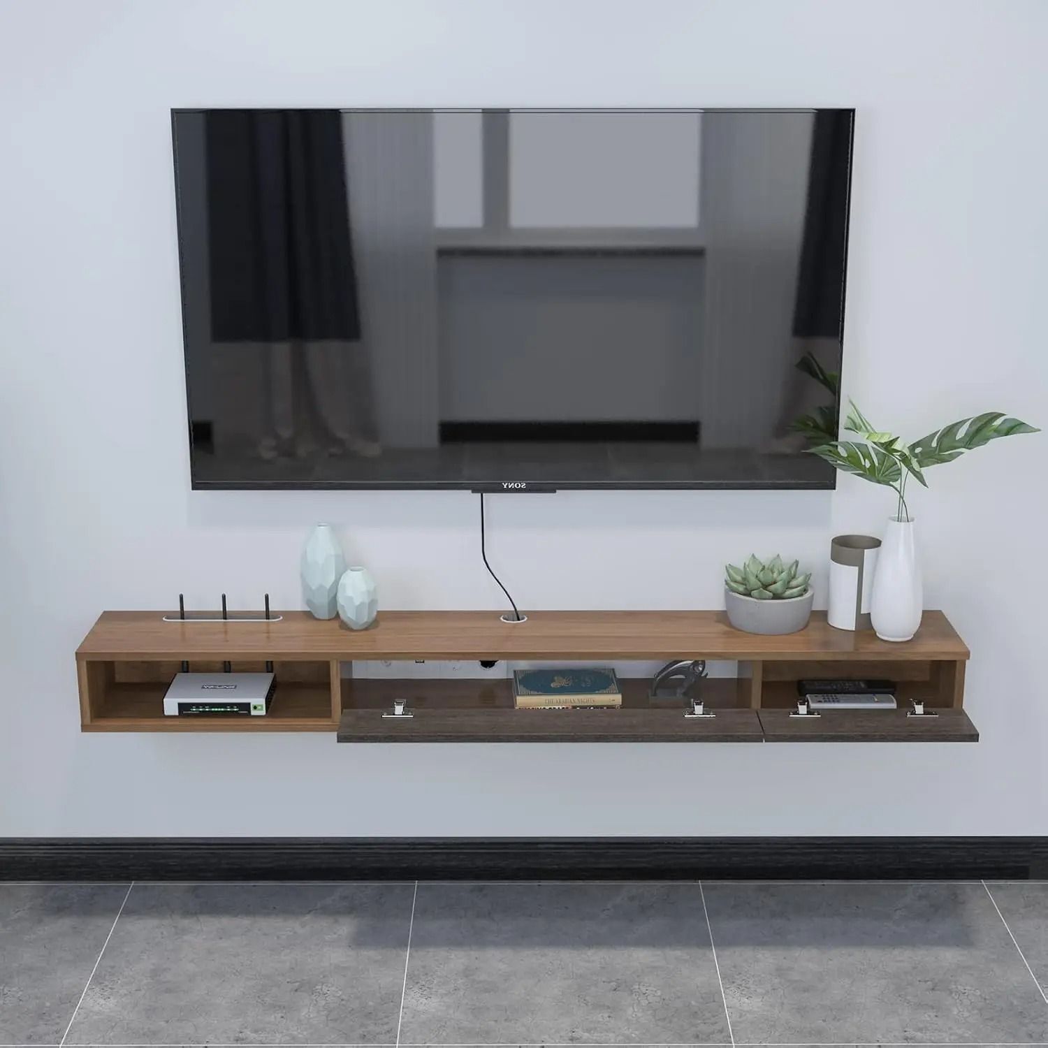 120cm Floating Shelves With 2 Doors Modern Entertainment Media Console - Brown