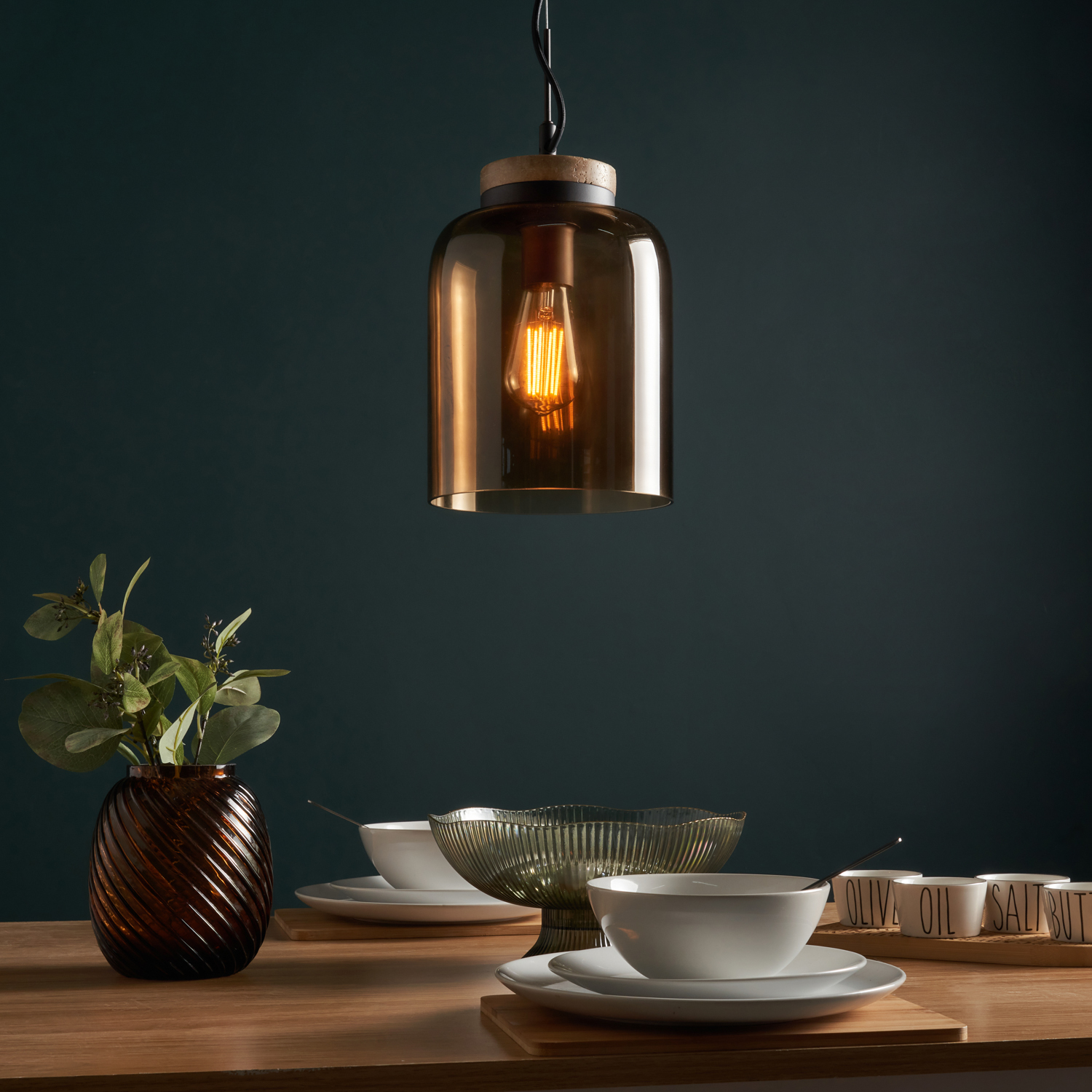 Gus Pendant Ceiling Light With Brown Shade - Antique Bronze