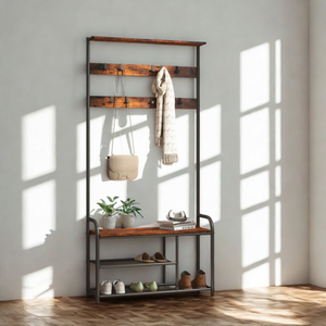Coat Rack Stand with Shoe Storage and Adjustable Hooks