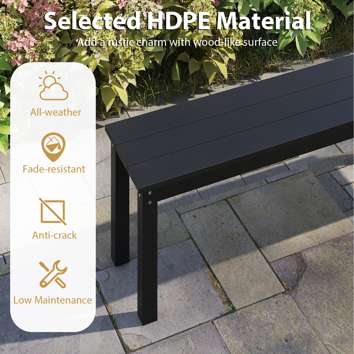Backless Patio Garden Bench - Black