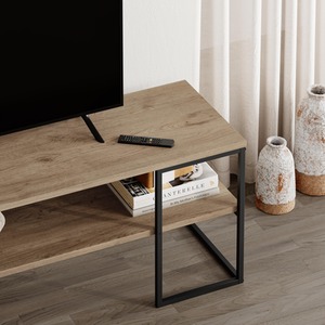 Natural Oak Modern TV Unit Open Shelf Metal Frame Black Wood, Plywood shot 10977115