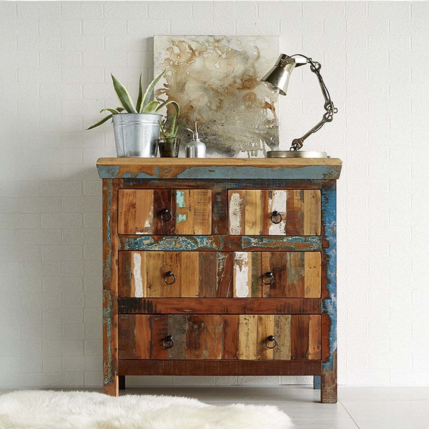 Reclaimed Boat Wood Furniture 4 Drawer Chest - Multicolour