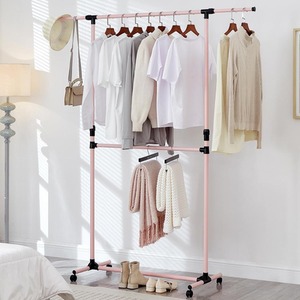Pink Double Clothes Rail 2 Tier Adjustable with Wheels