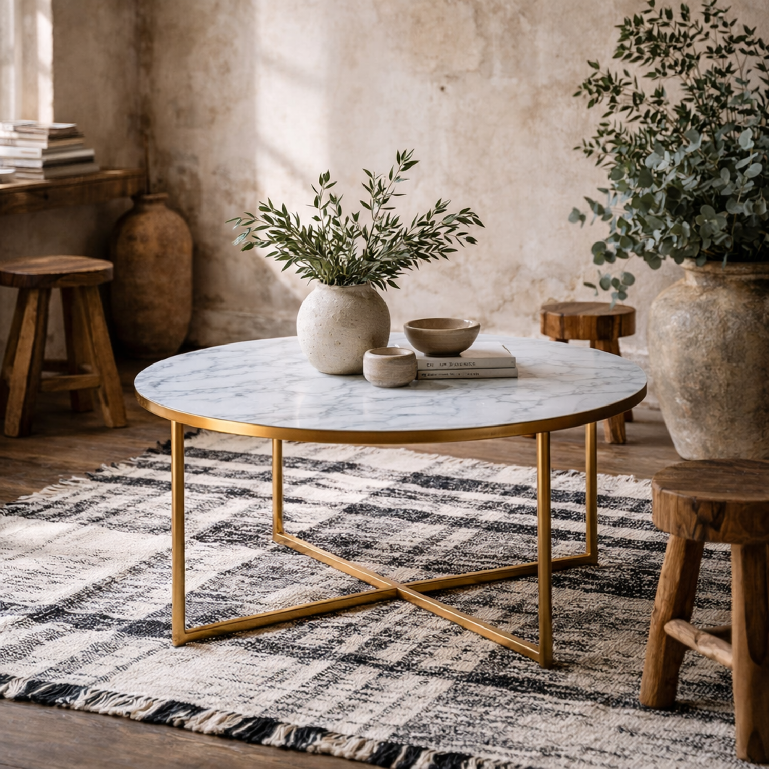 Vodskov 80cm Round Coffee Table - Frosted White Marble-Effect Glass Top, Gold Chrome Base - White
