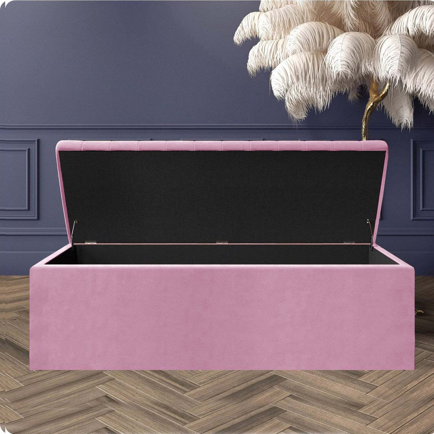 R&M Furnishers Plush Velvet Striped Upholstered Blanket Chest, End Of Bed Benc - Pink Plush Velvet