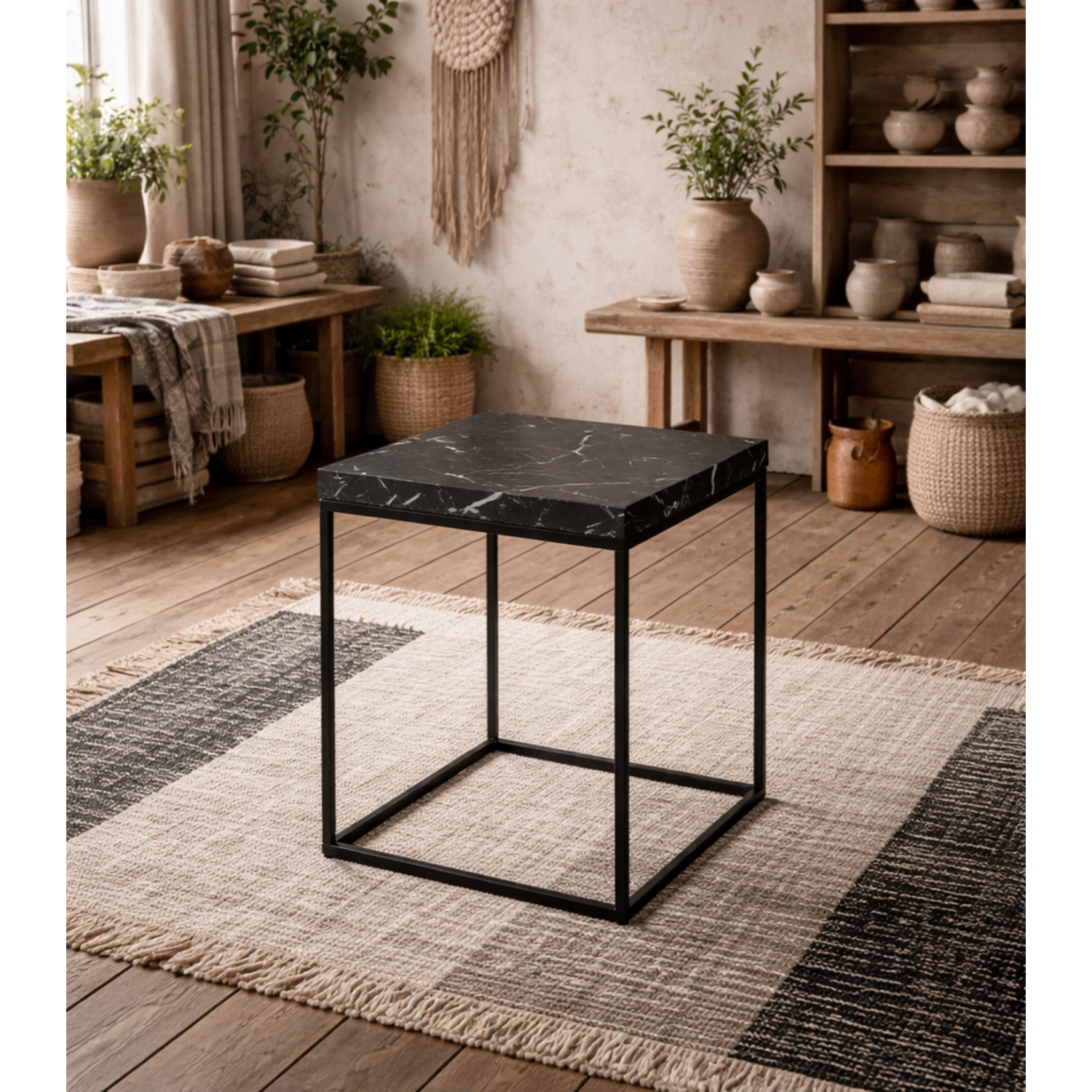 Hazelmere Marble Effect Square Coffee Table Matt Metal Legs - Black