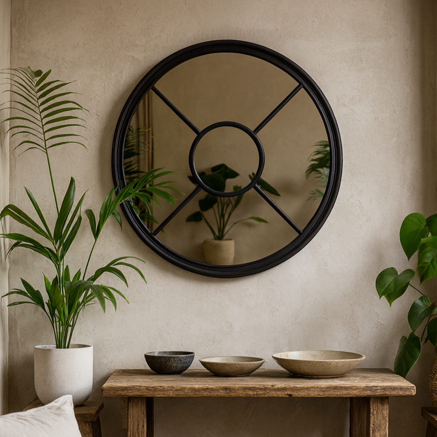 Round Matt Wooden Windowpane Mirror - Black