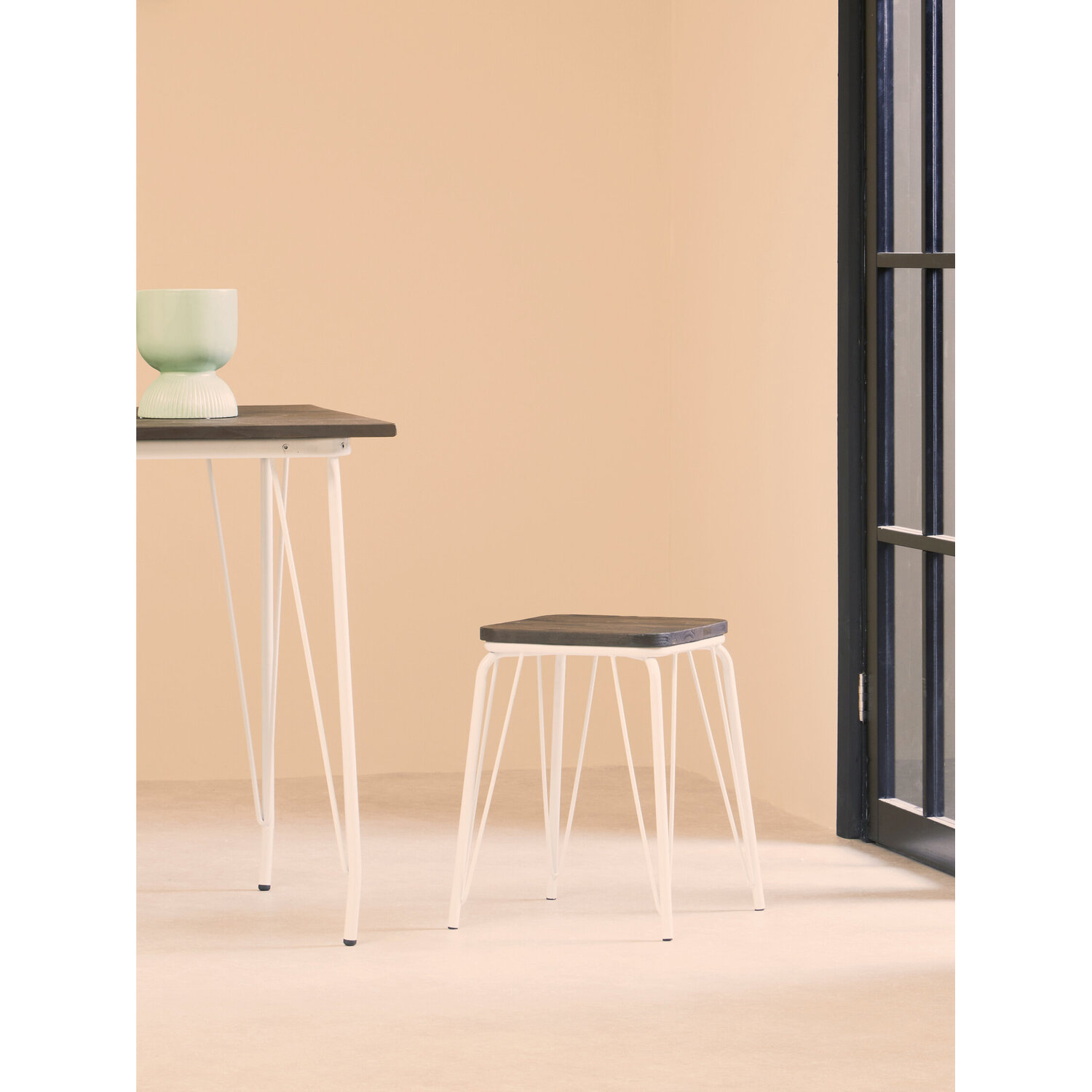 District White Metal And Elm Small Wood Stool - Silver