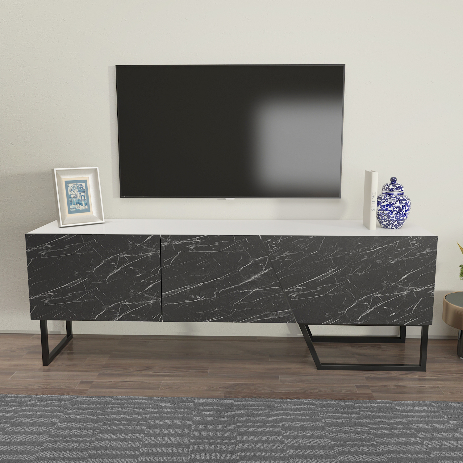 Parla Modern TV Unit TV Stand - White & Black Marble Effect
