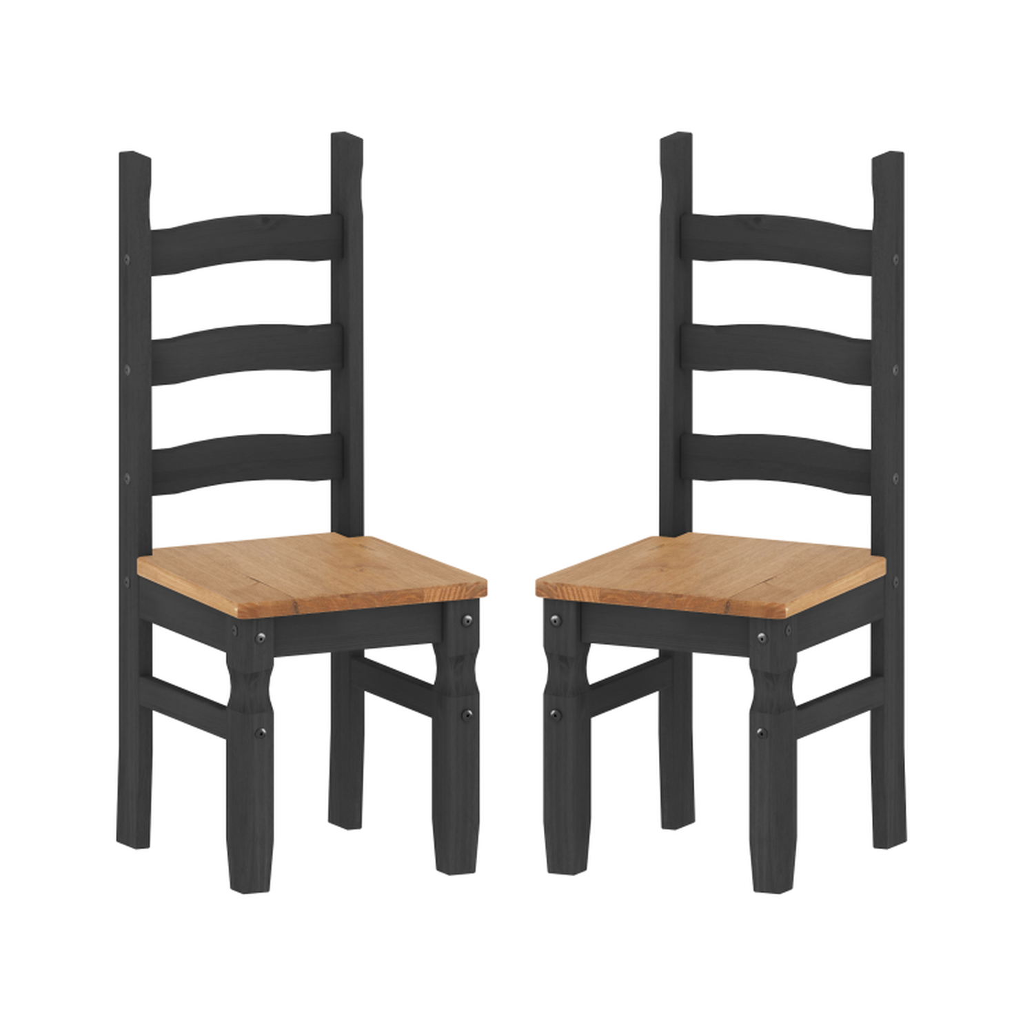 Corona Dining Chairs Pair x2 Solid Wood Mexican Pine Wooden  - Distressed Charcoal Wax