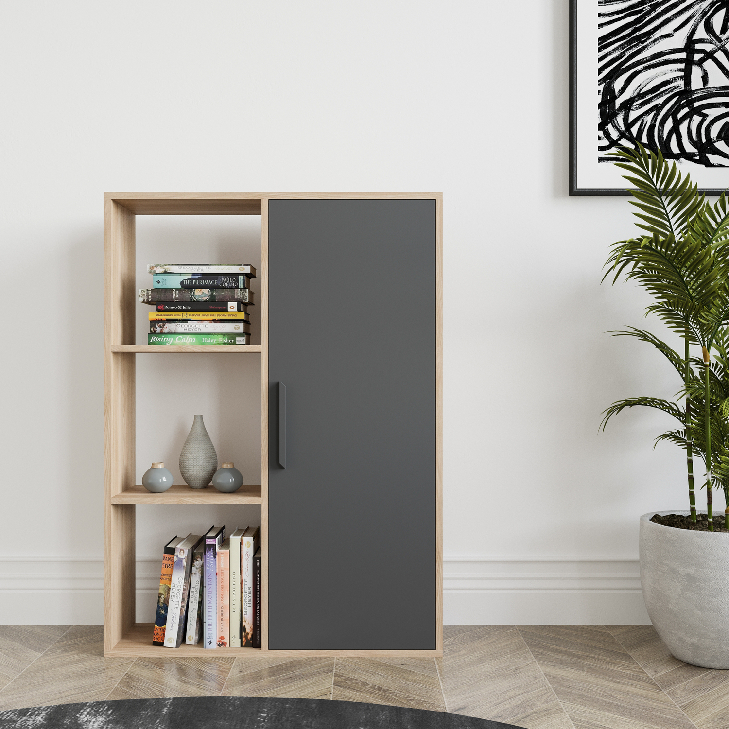 Patrick Modern Bookcase with Cabinet - Sapphire Oak Pattern & Anthracite