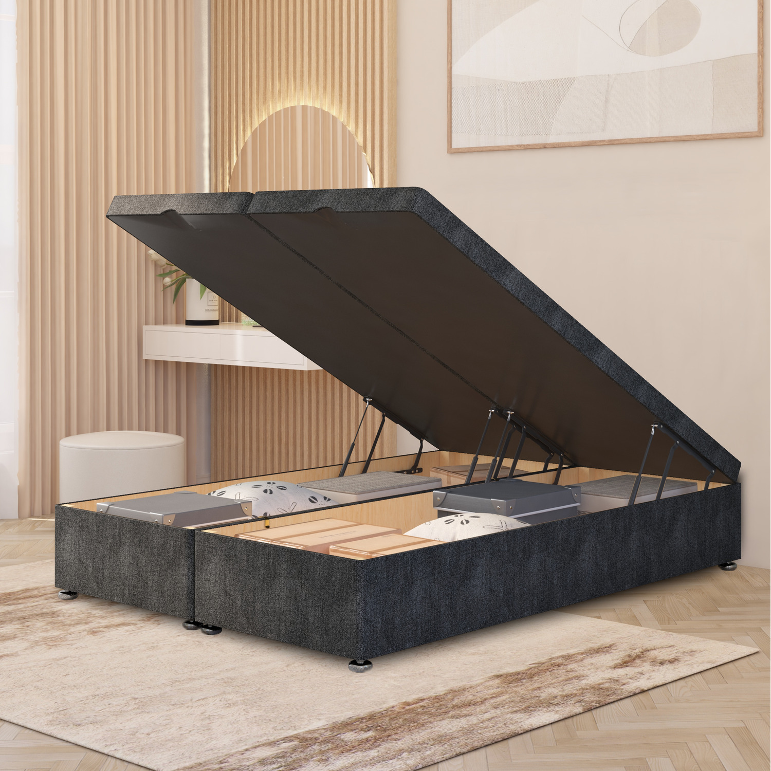 Ottoman Divan Bed Frame End Opening Gas Lift Tweed Fabric - Charcoal Small Single