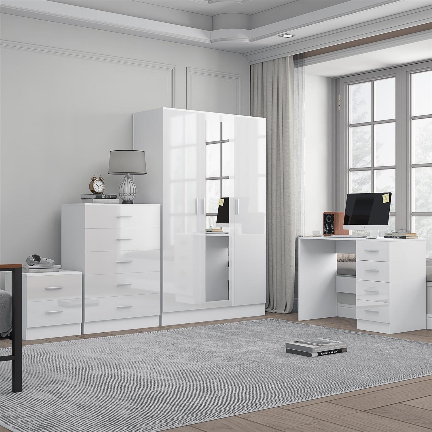Reflect Furniture Bundle - 3Dr Mirror + Chest + Bedside + Desk - White/White - White Gloss / Matt White