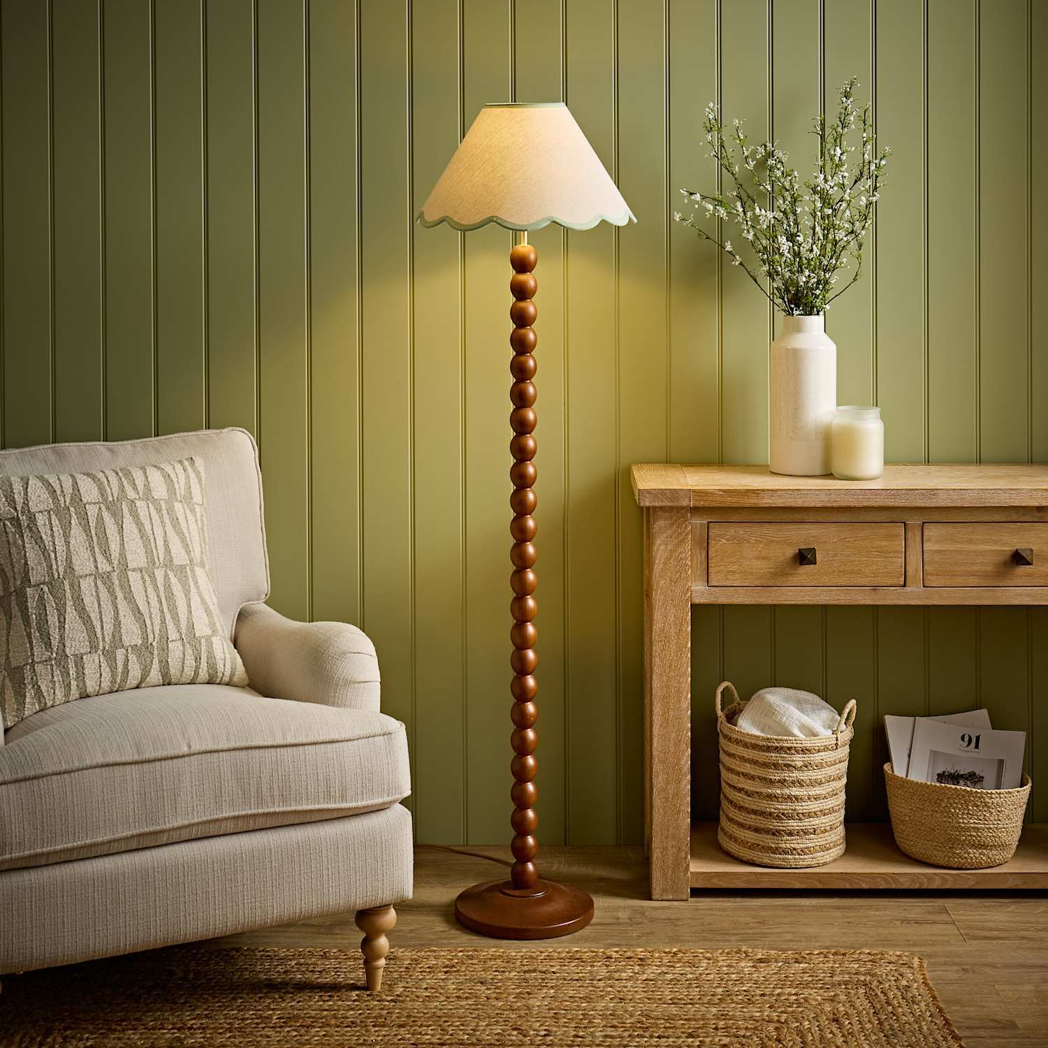 Valuelights Bobbin Colour Trim Linen Shade Bobble Floor Lamp - Walnut Green Trim - Walnut
