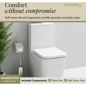Hilderstone Rimless Flush to Wall Toilet Pan, Cistern, Soft Close Seat - BCFR550