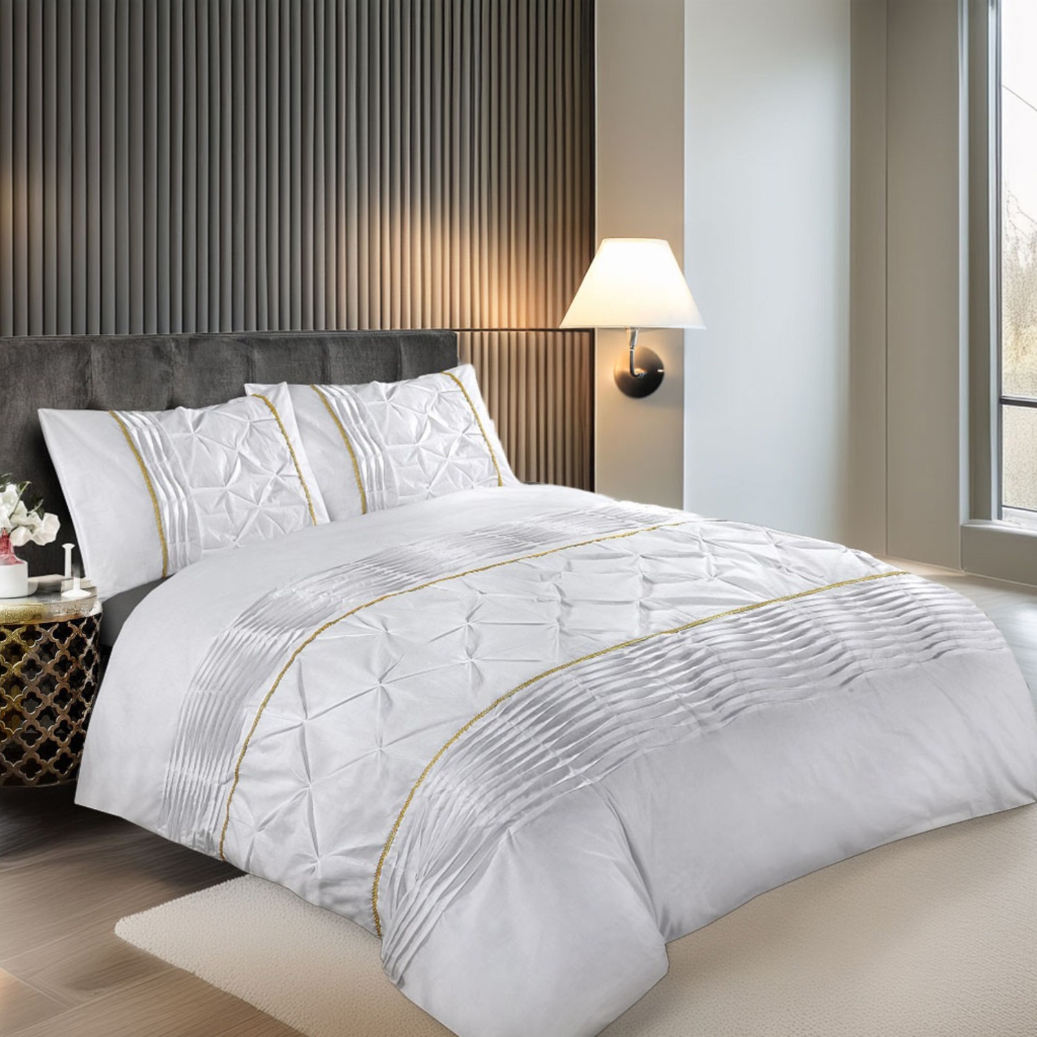 Duvet Cover And Pillowcase Set Silver Black Red Lilac White Pintuck Pleated Design Polycotton Linen - White / Superking