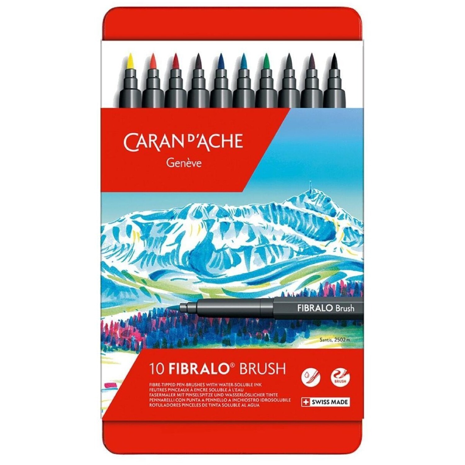 Caran D'ache Fibralo 10 Water Soluble Brush Colour Pens - Metal Tin - Assorted Colours