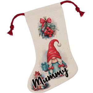 Christmas Mummy Gonk Family Stocking - Novelty Xmas Gift - Linen-Style With Red Drawstring Ties