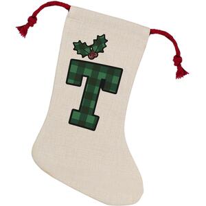 Green Tartan Alphabet Letter T Stocking - Novelty Xmas Gift - Linen-Style With Red Drawstring Ties