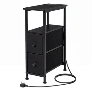 Bedside Table Narrow Side Table with LED Light Charging Station Black