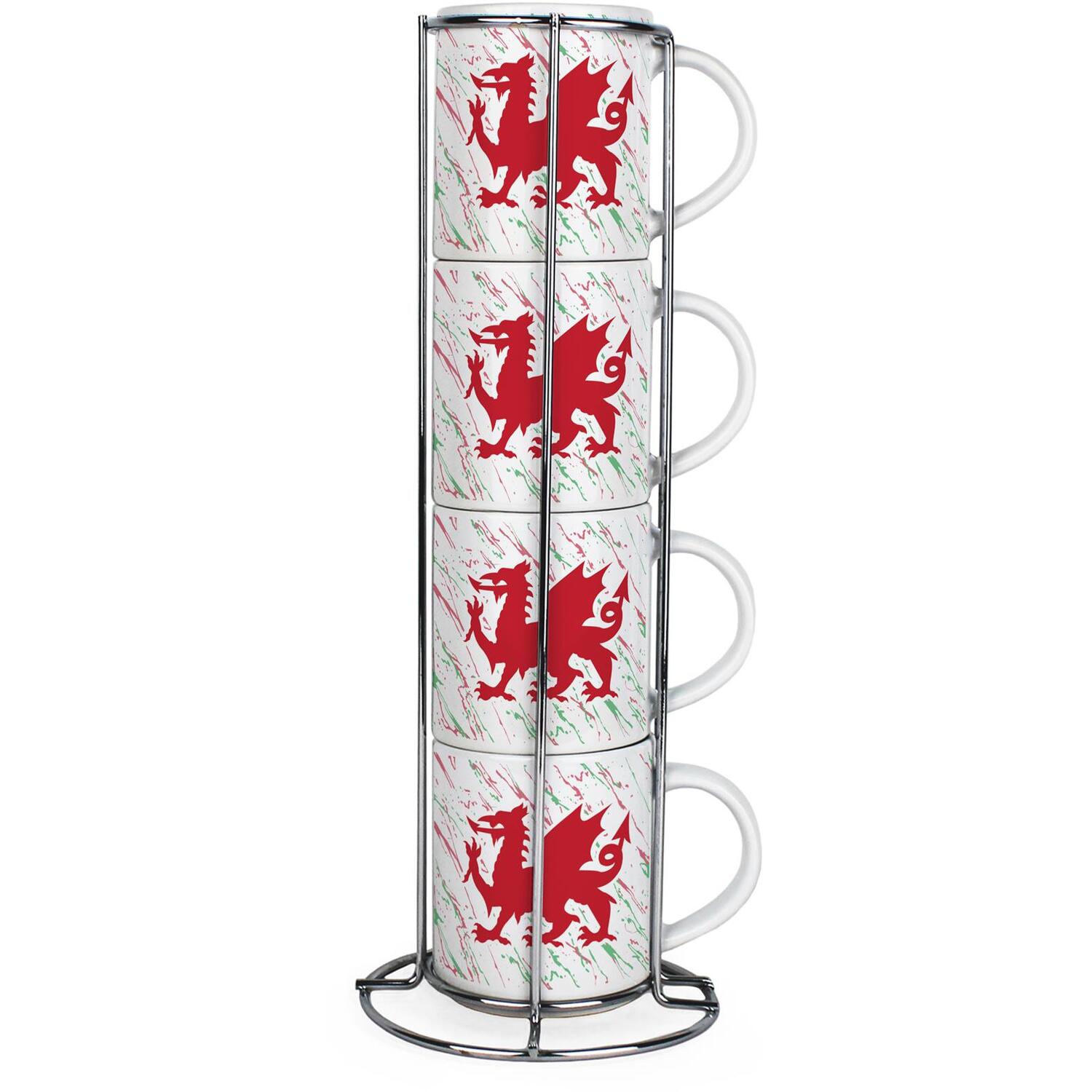 B&Q -  Welsh Dragon Stacking Mugs SetSet Of 4 Ceramic Mugs Gift Set With Metal Stand - Image 3