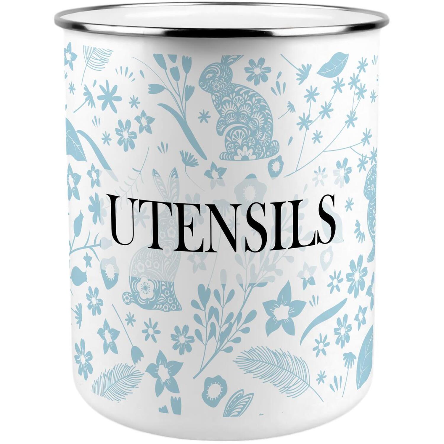 Blue Rabbits Utensil Pot - Enamel XL Kitchen Utensil Organiser Decor Gift - Image 3