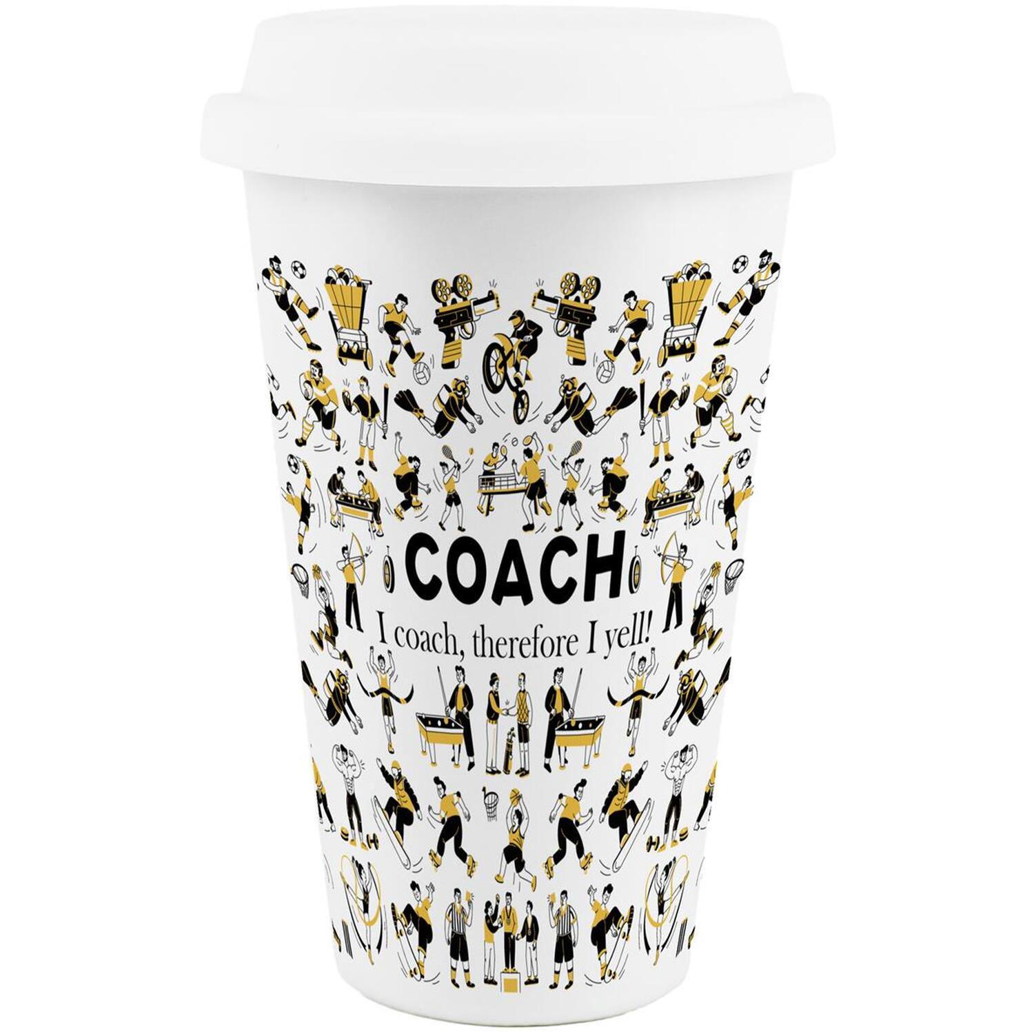 Purely Home Novelty Sports Coach Ceramic Travel Mug - Reusable Drinks Cup Gift - White