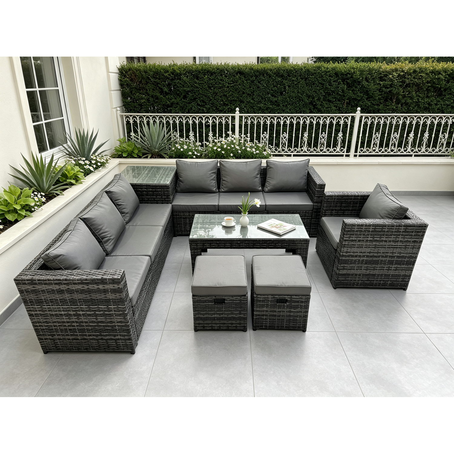 Rackhams Dark/Grey 9 Seater Rattan Corner Sofa Set With Square Side Table And Rectangular Coffee Table, Arm Chair & 2 Stools - Mixed - Image 2