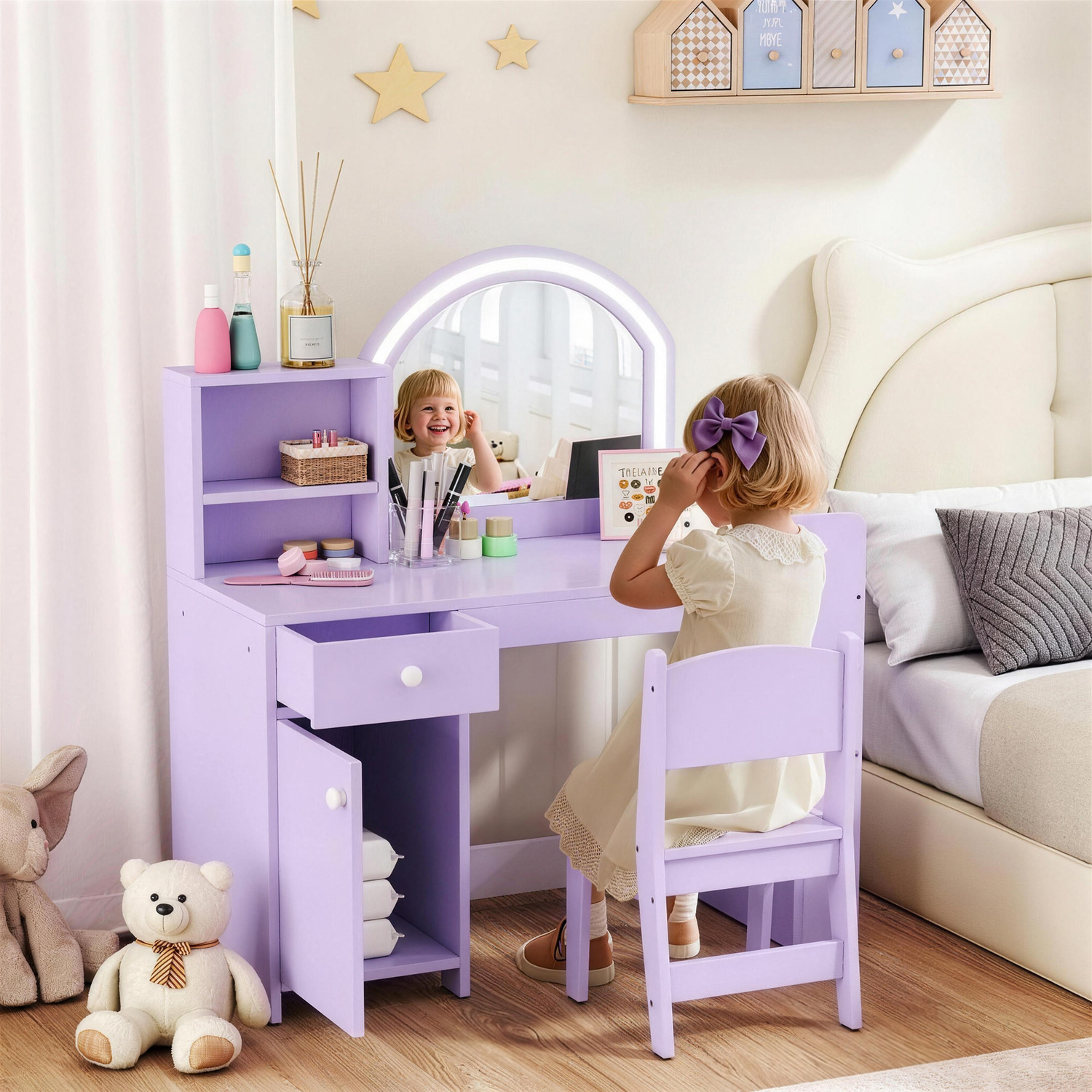 Aiyaplay Girls Purple Kids Vanity Table And Chair Set, Dressing Table With 2-Colour Led Mirror, Stool, Cabinet, Drawer, Shelves, - Image 3