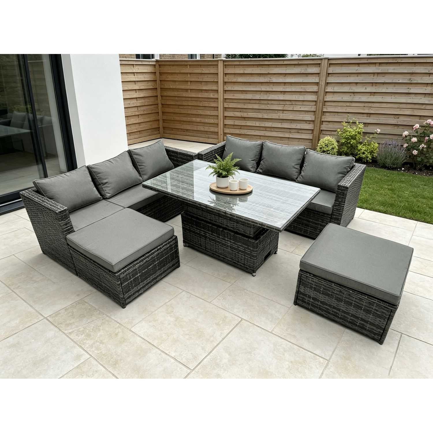Fimous Unisex Dark Grey Seater Rattan Sofa Garden Furniture Set Outdoor Adjustable Rising Lifting Dining Table Set With Footstool In Size 8 - Image 2