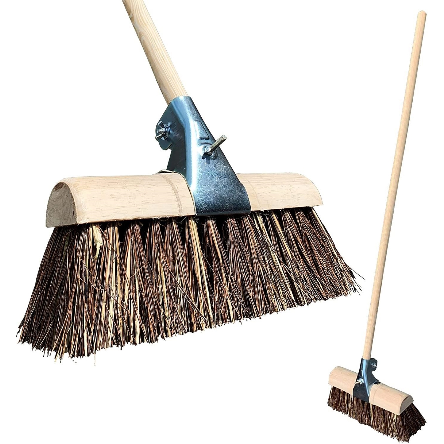 Saddleback Yard Broom Outdoor Heavy Duty, 13” Saddle Broom Curved Top with Bassine/Cane Bristles, Metal Clamp, and Long Wooden Handle, Hard Bristle Cleaner for Stables & Farm Yards - Image 3