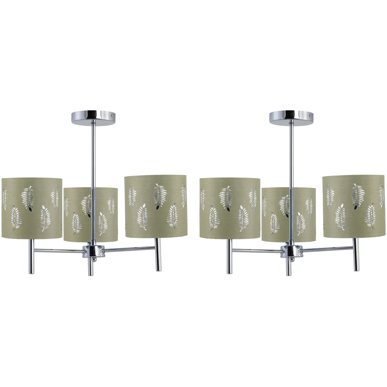 First Choice Lighting Set Of 2 Brea Chrome 3 Light Fittings With Sage Green Fern Shades - Chrome & Sage Green