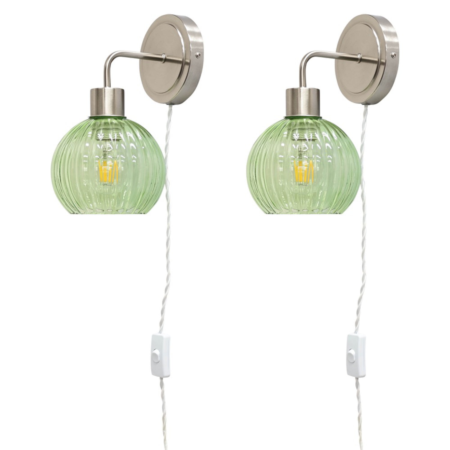 Set of 2 Toby - Satin Nickel Plug in Wall Lights Green Shades - Image 2