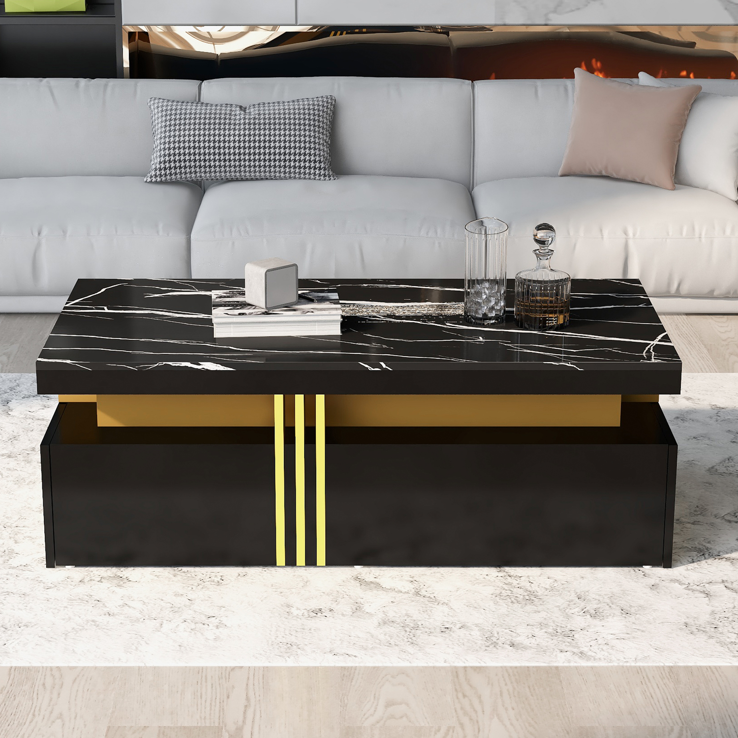 Aka Modern Black Rectangular Coffee Table With Marble Pattern Top And 2 Wooden Drawers - Black
