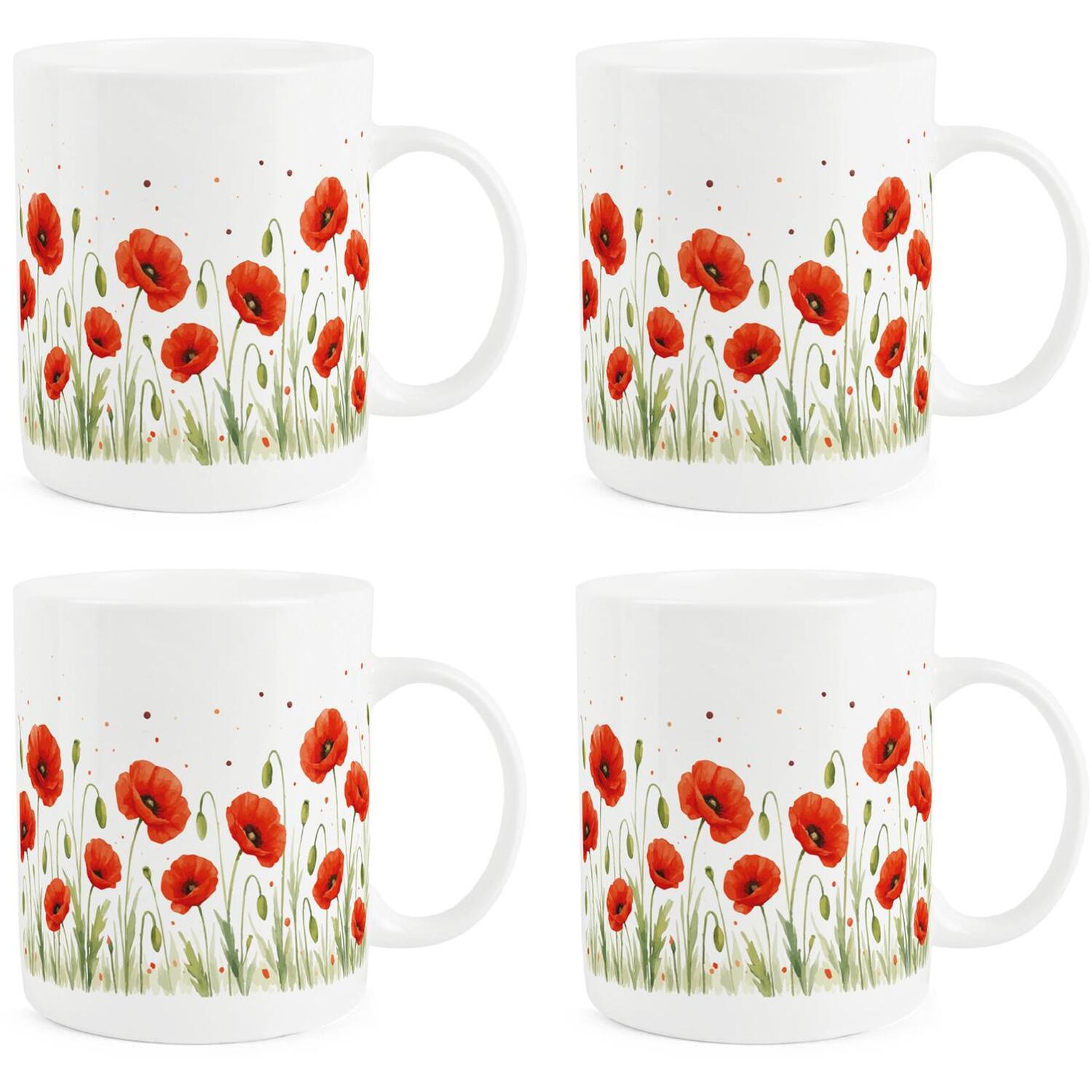 Purely Home Summer Poppies Bone China Mugs - Set Of 4 - White