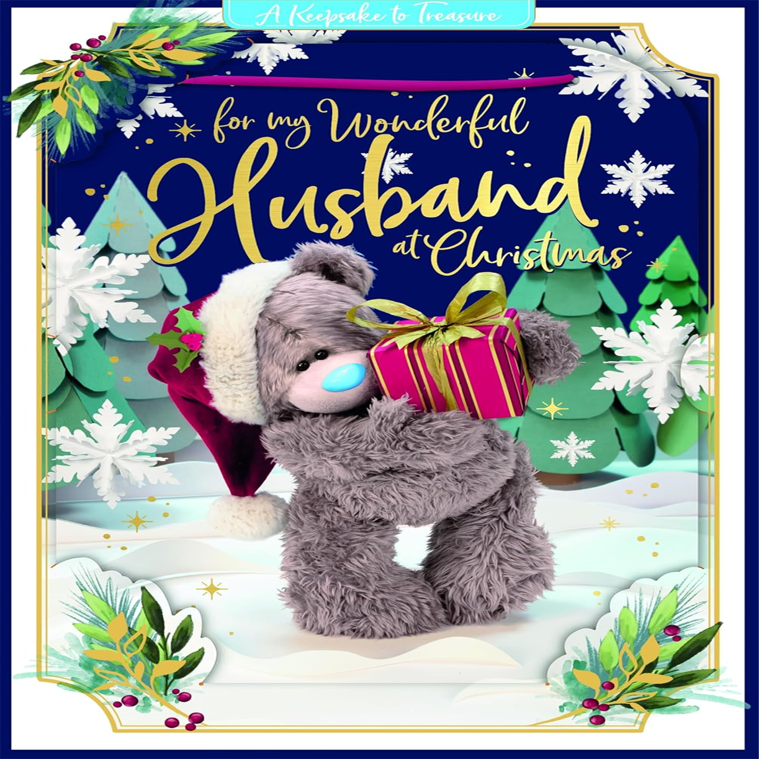 Bear Holding Gift Wonderful Husband 3D Christmas Keepsake Card - Image 3