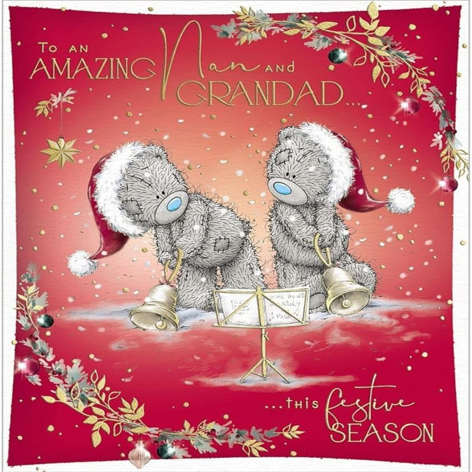 Me To You Bears Ringing Bells Amazing Nan & Grandad Christmas Card - Red