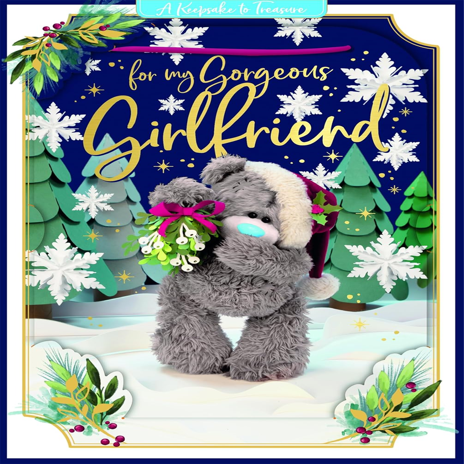 Bear Holding Mistletoe Gorgeous Girlfriend 3D Christmas Keepsake Card - Image 3