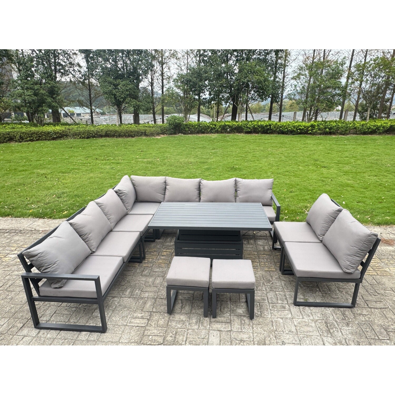 B&Q - 10 Pieces Aluminium Garden Furniture Set With With Adjustable Rising Lifting Dining Table 2 Small Footstools Dark Grey - Image 2