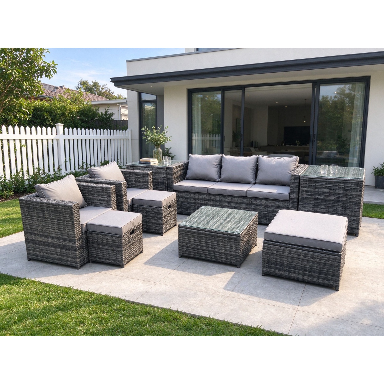 Fimous Unisex Dark Grey Wicker Rattan Garden Furniture Sofa Set With Side Tables Armchair Square Coffee Table 3 Footstools 8 Seater In Size 2 - Image 2