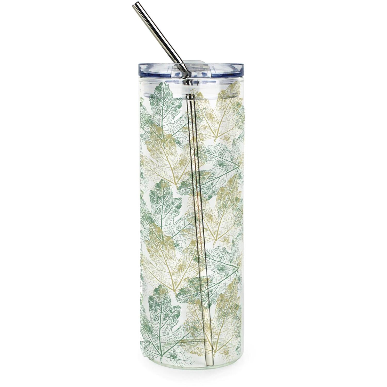 Purely Home Spring Leaves Clear Glass Travel Flask With Straw