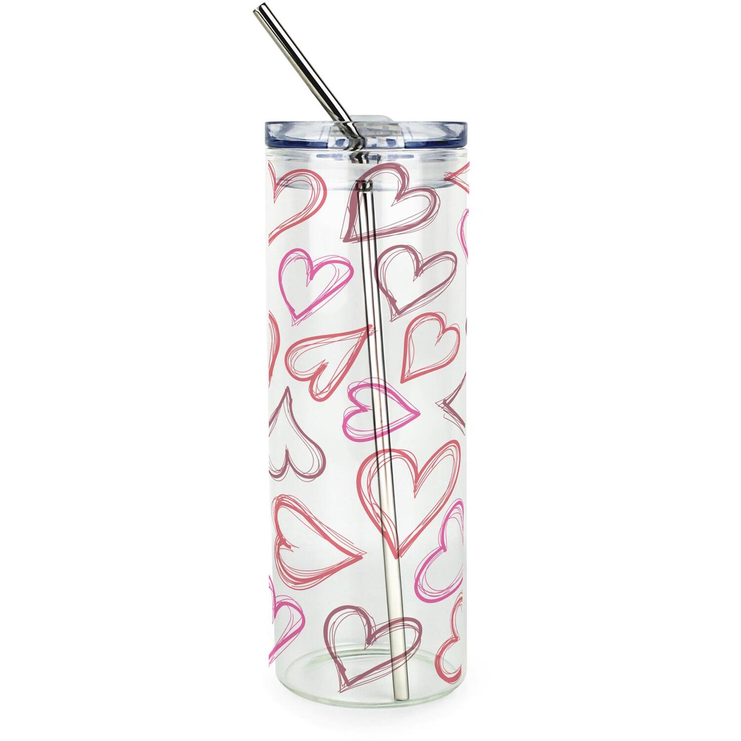 Heart Drawings Clear Glass Travel Flask - Reusable Tumbler & Metal Straw Gift - Image 2