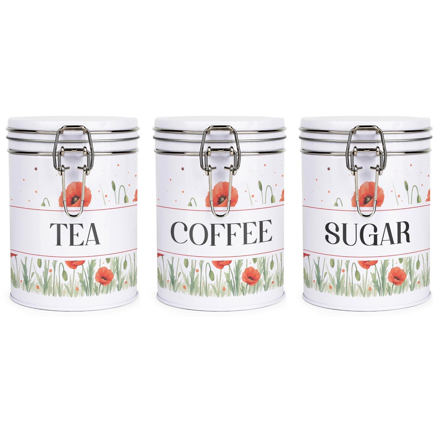 Red Poppies Tea, Coffee & Sugar Canisters - Metal Clip-Lid Kitchen Storage Gift - Image 2