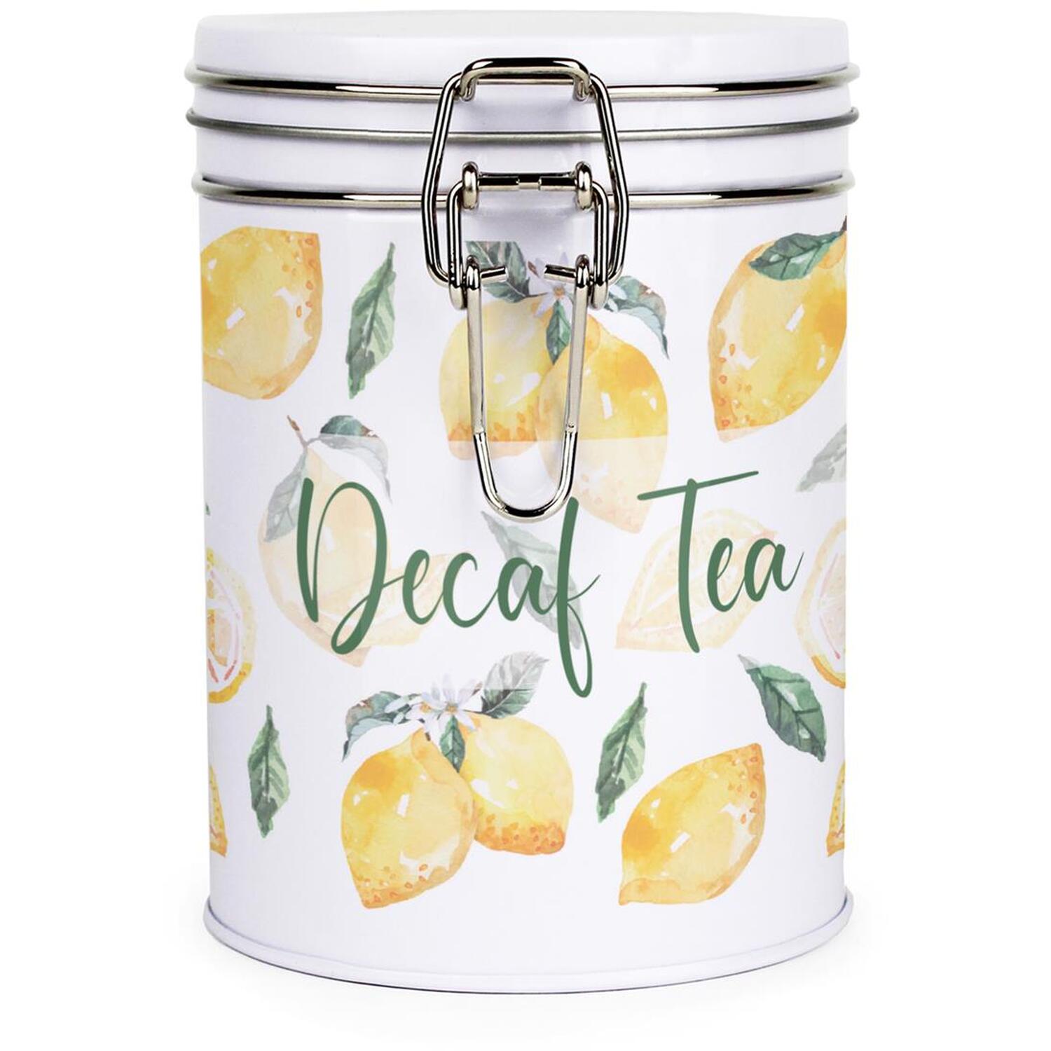 Purely Home Lemons Decaf Tea Canister - White Metal Clip Lid Kitchen Storage Jar/Container Gift 700ml (13cm x 9.5cm) - Image 3