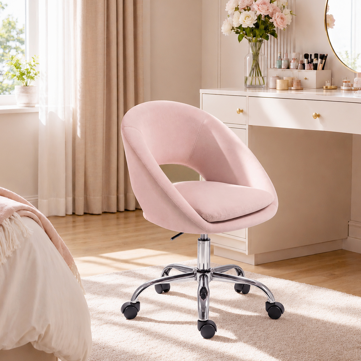HOMCOM Velvet Desk Chair with Height-Adjustable, Wheels, Pink - Image 3