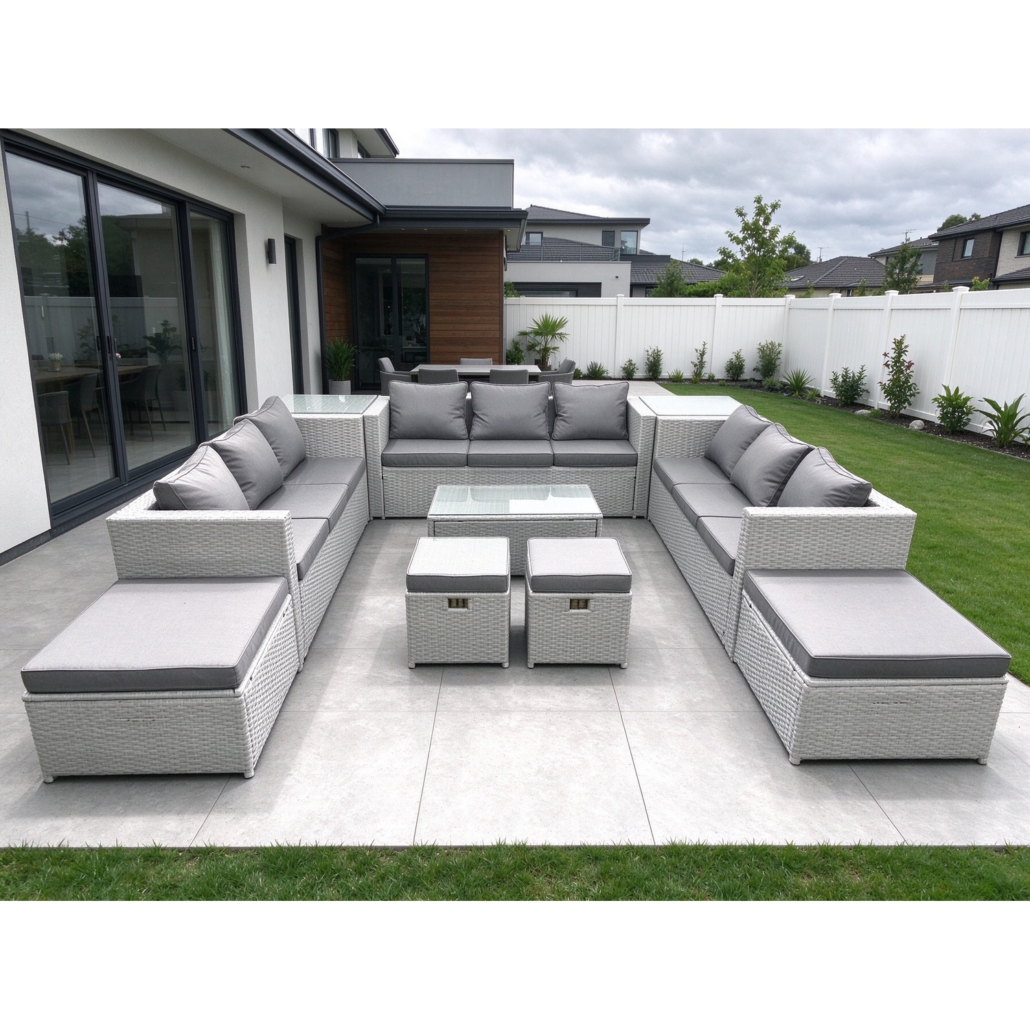 Rackhams Light/Grey 10 Pieces Rattan Garden Furniture Set Outdoor Garden Sofa Coffee Table Set With 2 Side Tables 4 Footstools Mixed - Image 2