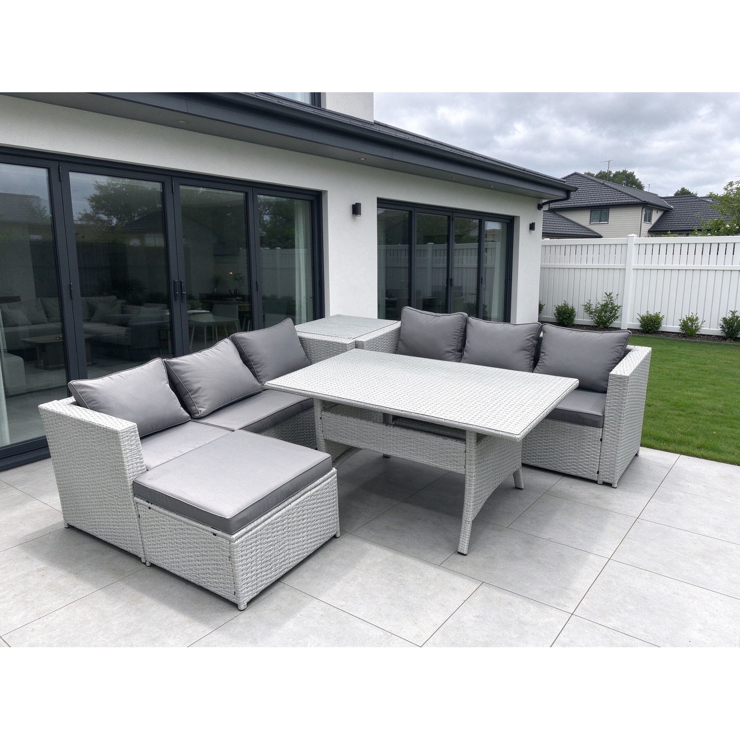 Fimous Unisex Light Grey Rattan Garden Furniture Set Seater Outdoor Sofa Set With Dining Table Side Table Big Footstool Mixed Size 7 - Image 2