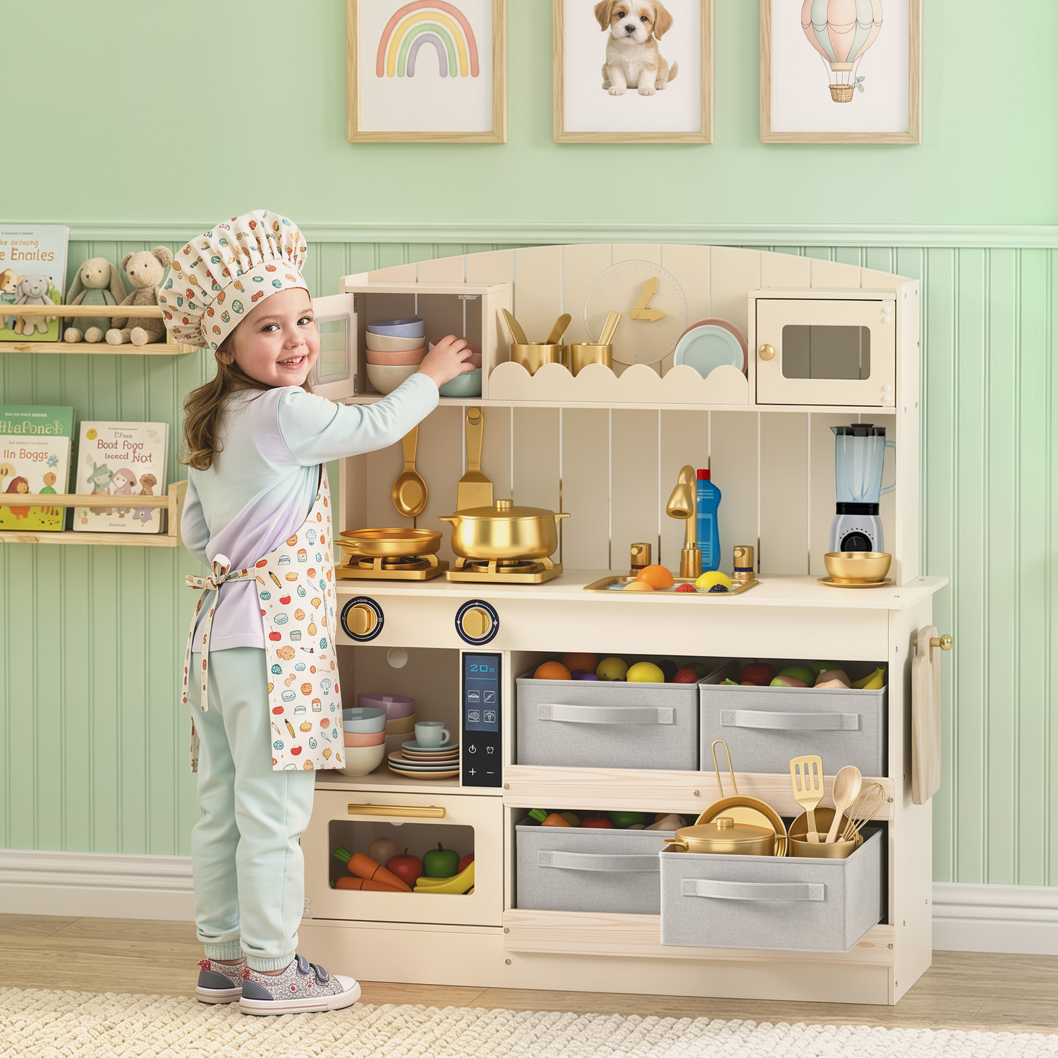 Aiyaplay Cream Kids Play Kitchen With Lights & Sounds, Pretend Play Toy Set With 4 Fabric Drawers, 12-Piece Accessories For 3-6 Years - Image 3