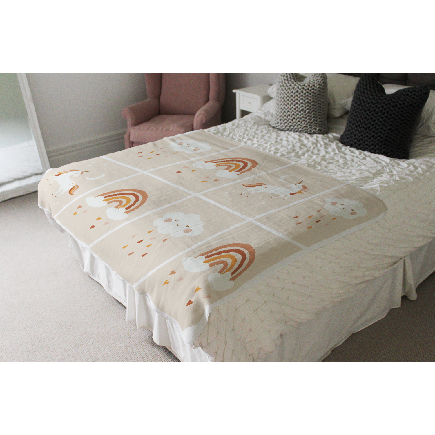 Cute Hand Drawn Unicorn, Rainbow And Cloud Blanket - Brown