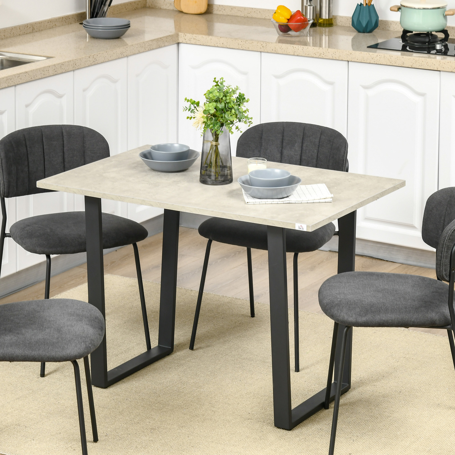 HOMCOM - Modern Kitchen Rectangular Dining Table with Adjustable Steel Base - Light Grey thumbnail